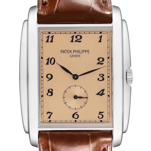 The Patek Philippe Gondolo 5124G-001 Men's White Gold Brown Dial 5124G-001 Men's White Gold Brown Dial watch is shown from a front angle, displaying the dial, case, crown, and part of the strap.