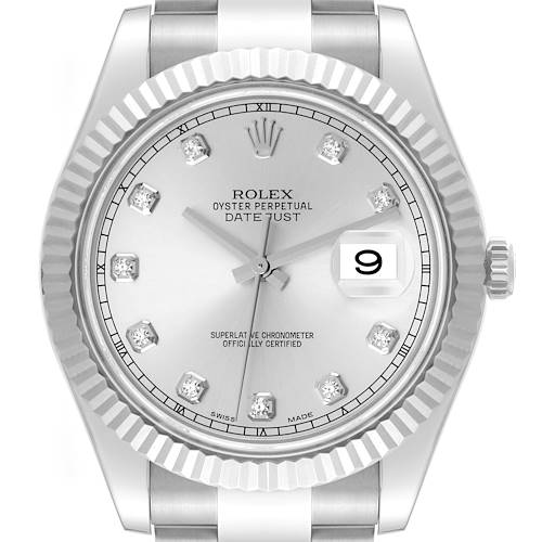 This image shows a front view of a Rolex Datejust 41 116334 Men's Stainless Steel Silver Dial 116334 Men's Stainless Steel Silver Dial watch, highlighting its dial, bezel, and part of the bracelet.