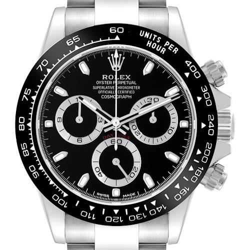 This image shows a frontal view of the Rolex Daytona 116500LN Men's Stainless Steel Black Dial 116500LN Men's Stainless Steel Black Dial watch, highlighting the dial, bezel, and crown.