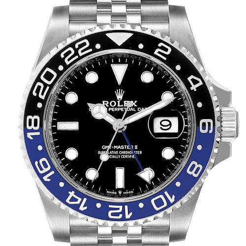 The image shows a front view of a Rolex GMT-Master 126710 Men's Stainless Steel Black Dial 126710 Men's Stainless Steel Black Dial II watch, displaying the bezel, dial, and bracelet.