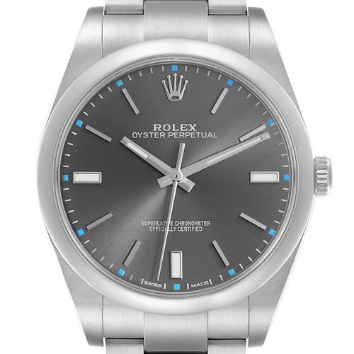 The image shows a Rolex Oyster Perpetual 114300 Men's Stainless Steel Grey Dial 114300 Men's Stainless Steel Grey Dial watch face-on, highlighting the dial, case, and partial bracelet.