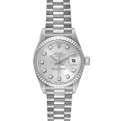 This image shows a face-on view of a Rolex President 69179 Women's White Gold Silver Dial 69179 Women's White Gold Silver Dial model watch, featuring its bracelet, bezel, dial, and date window.
