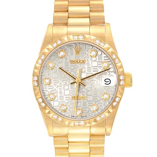 The image shows a frontal view of a Rolex President 68258 Women's Yellow Gold Silver Dial 68258 Women's Yellow Gold Silver Dial model watch, highlighting its gold case, diamond markers, and date window.