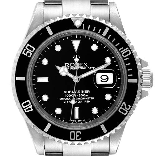 The image shows a front view of a Rolex Submariner 16610 Men's Stainless Steel Black Dial 16610 Men's Stainless Steel Black Dial watch, highlighting its black dial, bezel, and stainless steel bracelet.