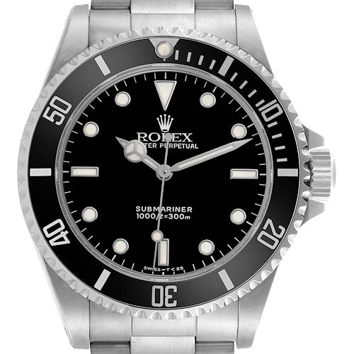 The Rolex Submariner 14060 Men's Stainless Steel Black Dial 14060 Men's Stainless Steel Black Dial watch is shown from a front angle, displaying the dial, bezel, and bracelet.