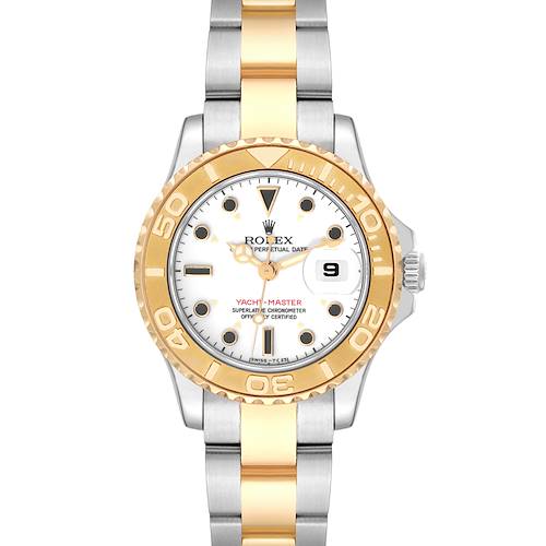 The image shows a front view of a Rolex Yacht-Master 69623 Women's Steel and Gold (two tone) White Dial 69623 Women's Steel and Gold (two tone) White Dial watch, highlighting its bezel, dial, hands, and bracelet.