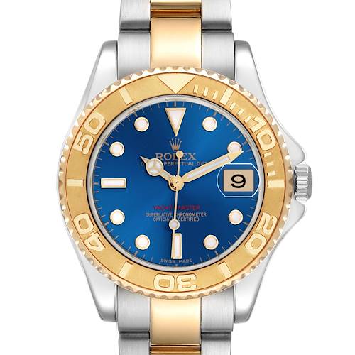 The Rolex Yacht-Master 168623 Men's Steel and Gold (two tone) Blue Dial 168623 Men's Steel and Gold (two tone) Blue Dial watch is shown from the front, highlighting the blue dial, gold bezel, and two-tone bracelet.