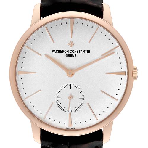 The image shows a front view of the Vacheron Constantin Patrimony 1110U/000R Men's Rose Gold Silver Dial 1110U/000R Men's Rose Gold Silver Dial watch, displaying the watch face, hands, and crown.