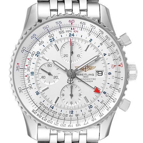 This is a front view of the Breitling Navitimer A24322 Men's Stainless Steel Silver Dial A24322 Men's Stainless Steel Silver Dial watch, showing the dial, bezel, and part of the bracelet.