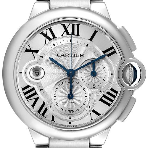 The image shows a close-up, frontal view of the Cartier Ballon Bleu W6920002 Men's Stainless Steel Silver Dial W6920002 Men's Stainless Steel Silver Dial watch, detailing its face, Roman numerals, hands, and crown.