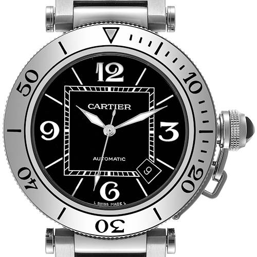 The Cartier Pasha W31077M7 Men's Stainless Steel Black Dial W31077M7 Men's Stainless Steel Black Dial watch is shown from a front angle, highlighting its face, bezel, and crown.