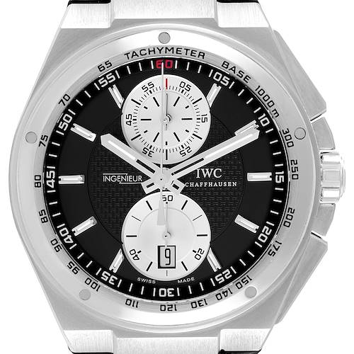 The image shows a front view of the IWC Ingenieur IW378401 Men's Stainless Steel Black Dial IW378401 Men's Stainless Steel Black Dial watch, highlighting its dial, tachymeter, and chronograph sub-dials.