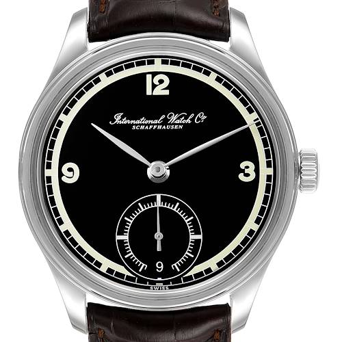 The image shows a front view of the IWC Portuguese IW510205 Men's Stainless Steel Black Dial IW510205 Men's Stainless Steel Black Dial model watch with a black dial, silver case, and brown leather strap.