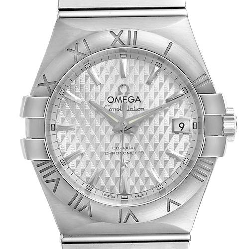 The image shows a front view of the Omega Constellation 123.10.35.20.02.002  Men's Stainless Steel Silver Dial 123.10.35.20.02.002  Men's Stainless Steel Silver Dial watch, highlighting the dial, bezel with Roman numerals, and date window at 3 o'clock.