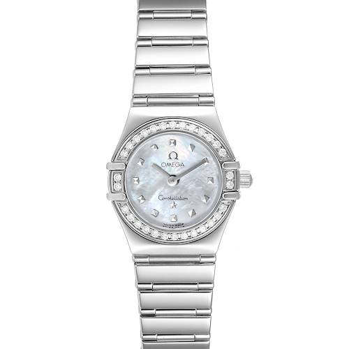 The image shows a front view of the Omega 1465.71.00 Women's Stainless Steel Mother of Pearl Dial 1465.71.00 Women's Stainless Steel Mother of Pearl Dial Constellation My Choice Mini Diamond Steel Ladies Watch, model 1465.71.00.