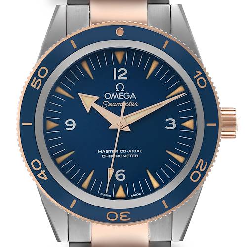 This image shows a close-up of the dial, bezel, and part of the bracelet of an Omega Seamaster 233.60.41.21.03.001 Men's Steel and Gold (two tone) Blue Dial 233.60.41.21.03.001 Men's Steel and Gold (two tone) Blue Dial watch.