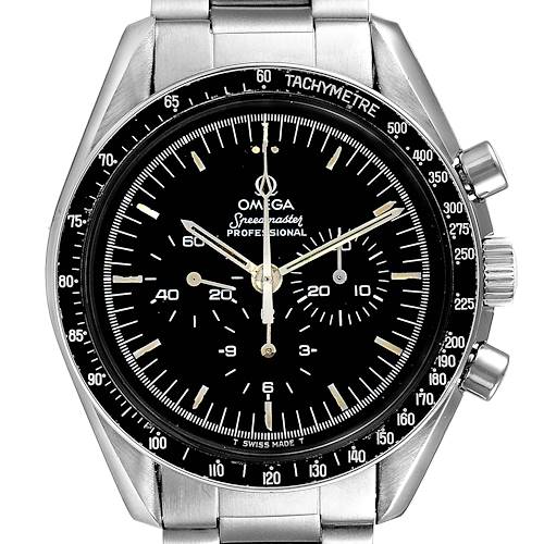 The image shows a close-up, front-facing view of the Omega Speedmaster 145.022 Men's Stainless Steel Black Dial 145.022 Men's Stainless Steel Black Dial watch, highlighting the dial, bezel, and chronograph pushers.