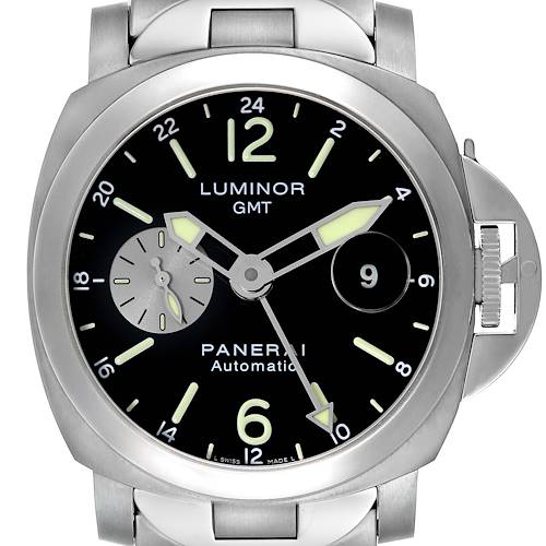 This image shows a front view of a Luminor GMT Panerai watch, highlighting the dial, hands, and bezel.
