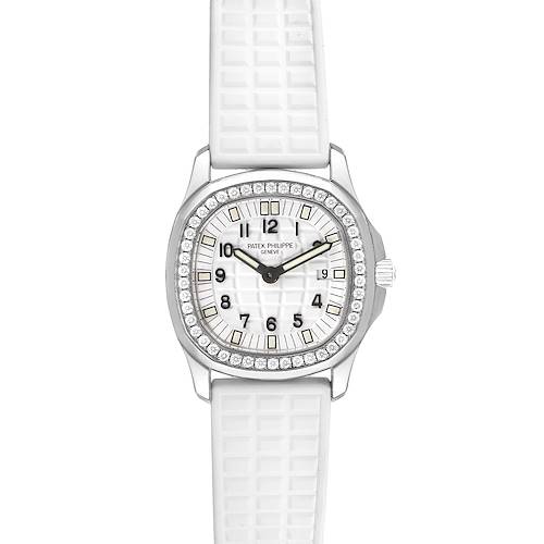 This is a front view of the Patek Philippe Aquanaut 4961 Women's Stainless Steel White Dial 4961 Women's Stainless Steel White Dial watch, showing its face, bezel, crown, and strap.