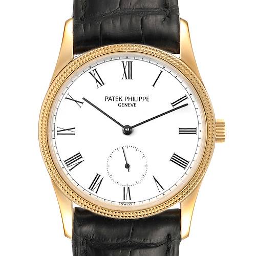 The image shows a front view of a Vintage Patek Philippe watch, featuring a white dial with Roman numerals and a black leather strap.