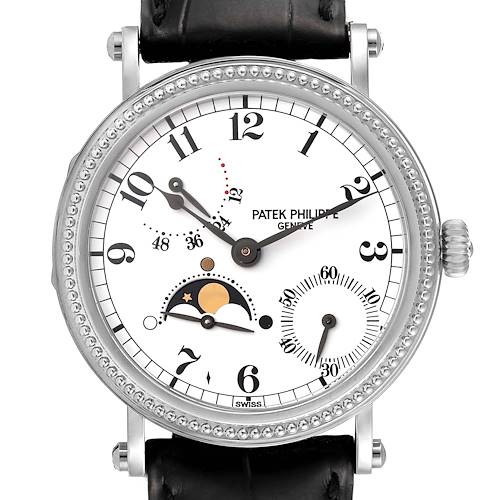 The photo shows a front view of a Patek Philippe Complications 5015 Men's Platinum White Dial 5015 Men's Platinum White Dial model, highlighting its face, moon phase display, and leather strap.
