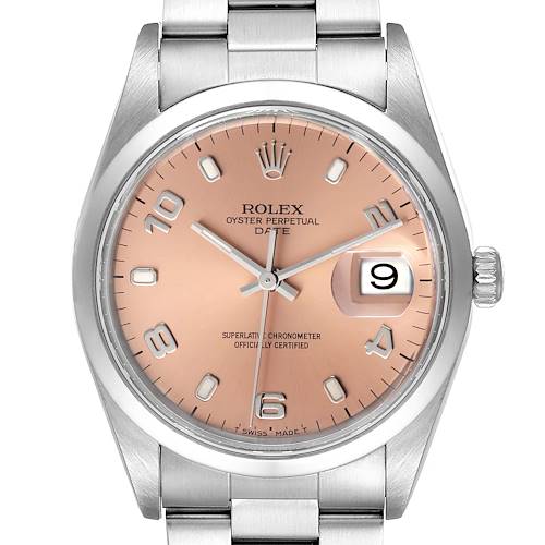 The image shows a Rolex Oyster Perpetual Date watch, displaying its face, dial, hands, crown, and part of the stainless steel bracelet.