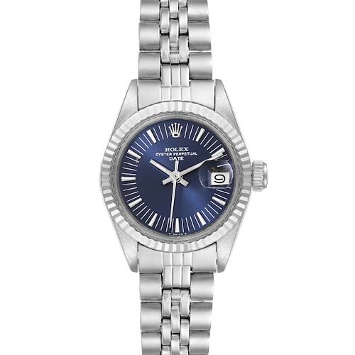This image shows a front view of the Rolex Date 6917 Women's Stainless Steel Blue Dial 6917 Women's Stainless Steel Blue Dial model watch, featuring its blue dial, fluted bezel, bracelet, and date window.