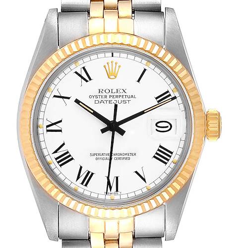 The image shows a straight-on view of the Rolex Vintage Collection 16013 Men's Steel and Gold (two tone) White Dial 16013 Men's Steel and Gold (two tone) White Dial Datejust watch, highlighting the dial, hands, bezel, crown, and part of the bracelet.