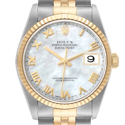 This image shows a close-up, front view of a Rolex Datejust 16233 Men's Steel and Gold (two tone) Mother of Pearl Dial 16233 Men's Steel and Gold (two tone) Mother of Pearl Dial watch, highlighting the dial, bezel, and part of the bracelet.