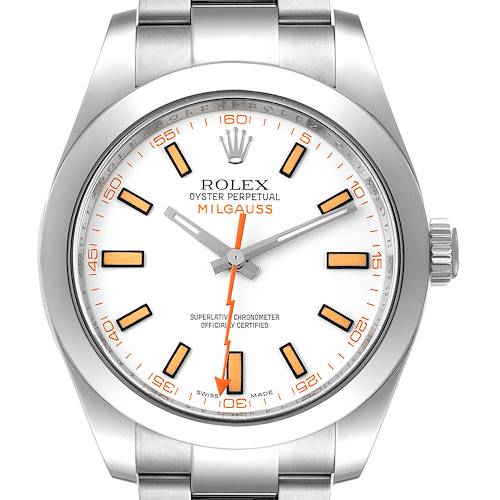 The image shows a front view of the Rolex Milgauss 116400V Men's Stainless Steel White Dial 116400V Men's Stainless Steel White Dial watch, emphasizing the dial, hands, crown, and part of the bracelet.