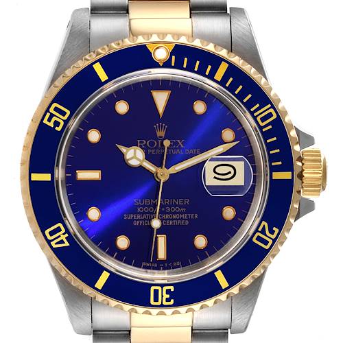 The Rolex Submariner 16613 Men's Steel and Gold (two tone) Blue Dial 16613 Men's Steel and Gold (two tone) Blue Dial watch is shown from a front angle, highlighting its dial, bezel, and part of the bracelet.
