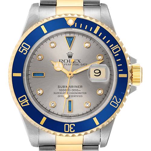 The image shows a front view of a Rolex Submariner 16613 Men's Steel and Gold (two tone) Grey Dial 16613 Men's Steel and Gold (two tone) Grey Dial watch, highlighting its dial, bezel, and part of the bracelet.