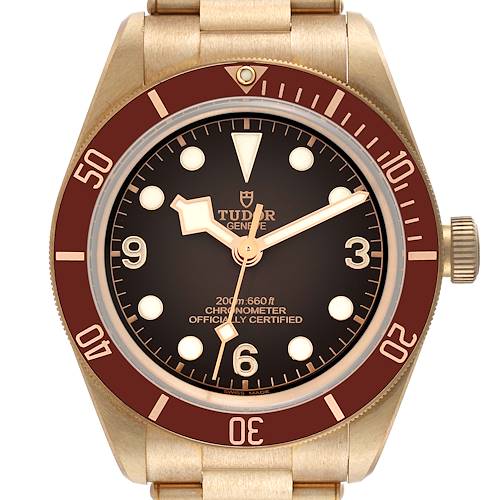 The image shows a frontal view of a Tudor Heritage Black Bay M79012M-0001 Men's Bronze Brown Dial M79012M-0001 Men's Bronze Brown Dial watch, highlighting the dial, bezel, crown, and part of the bracelet.