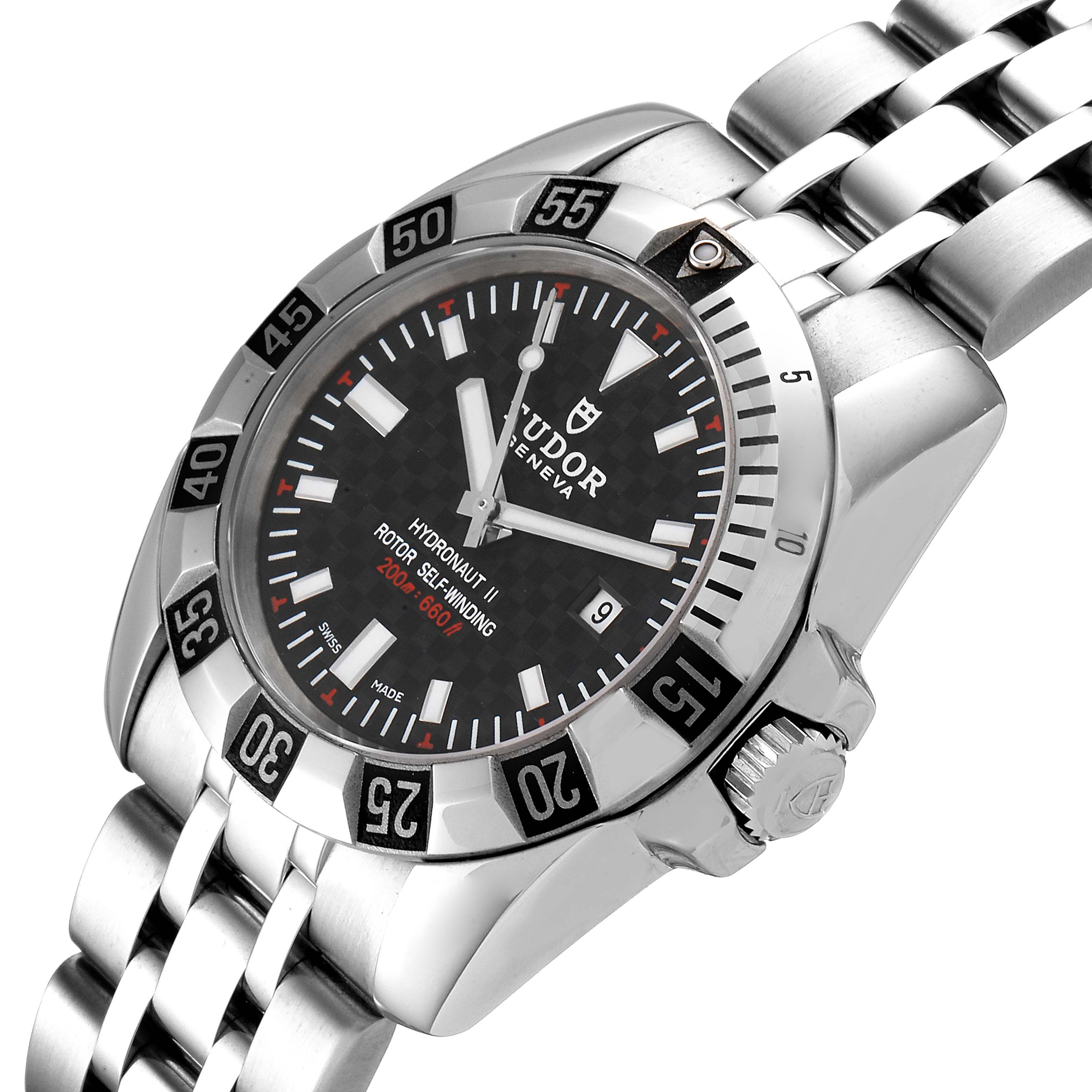 The image shows a Tudor Hydronaut 24030 Women's Stainless Steel Black Dial 24030 Women's Stainless Steel Black Dial model watch at a three-quarters angle, highlighting the dial, bezel, and metal bracelet.