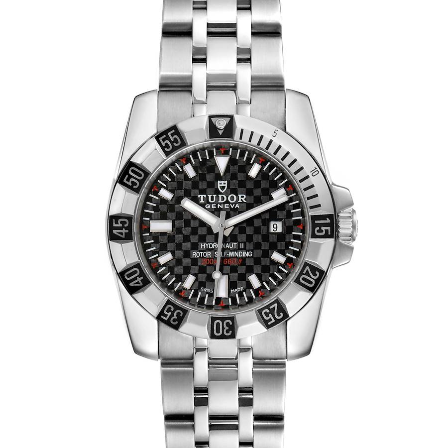 This image shows a frontal view of the Tudor Hydronaut 24030 Women's Stainless Steel Black Dial 24030 Women's Stainless Steel Black Dial watch, featuring the face, bezel, and part of the bracelet.