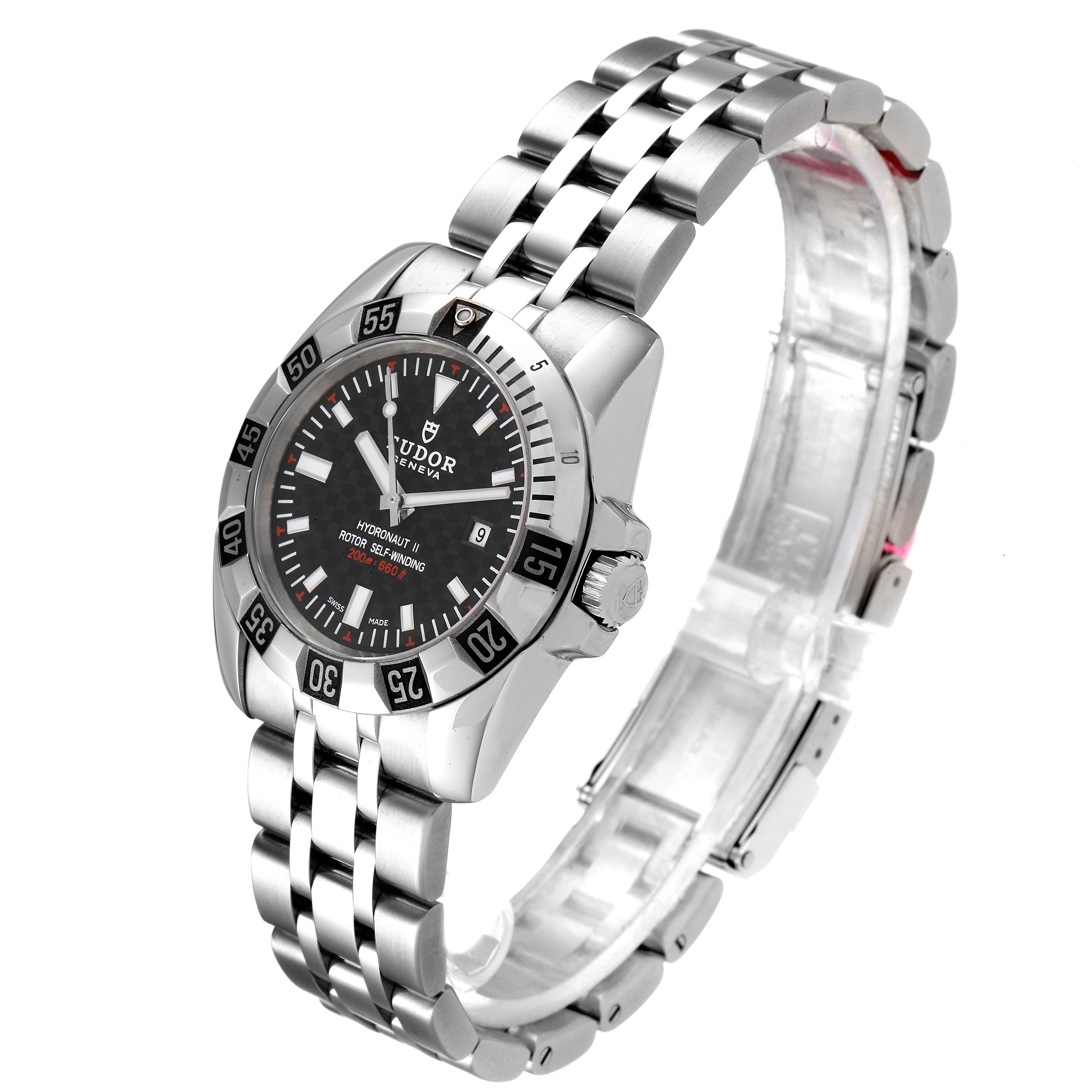 This image shows a Tudor Hydronaut 24030 Women's Stainless Steel Black Dial 24030 Women's Stainless Steel Black Dial watch at a slight angle, highlighting the face, bezel, crown, and metal bracelet.