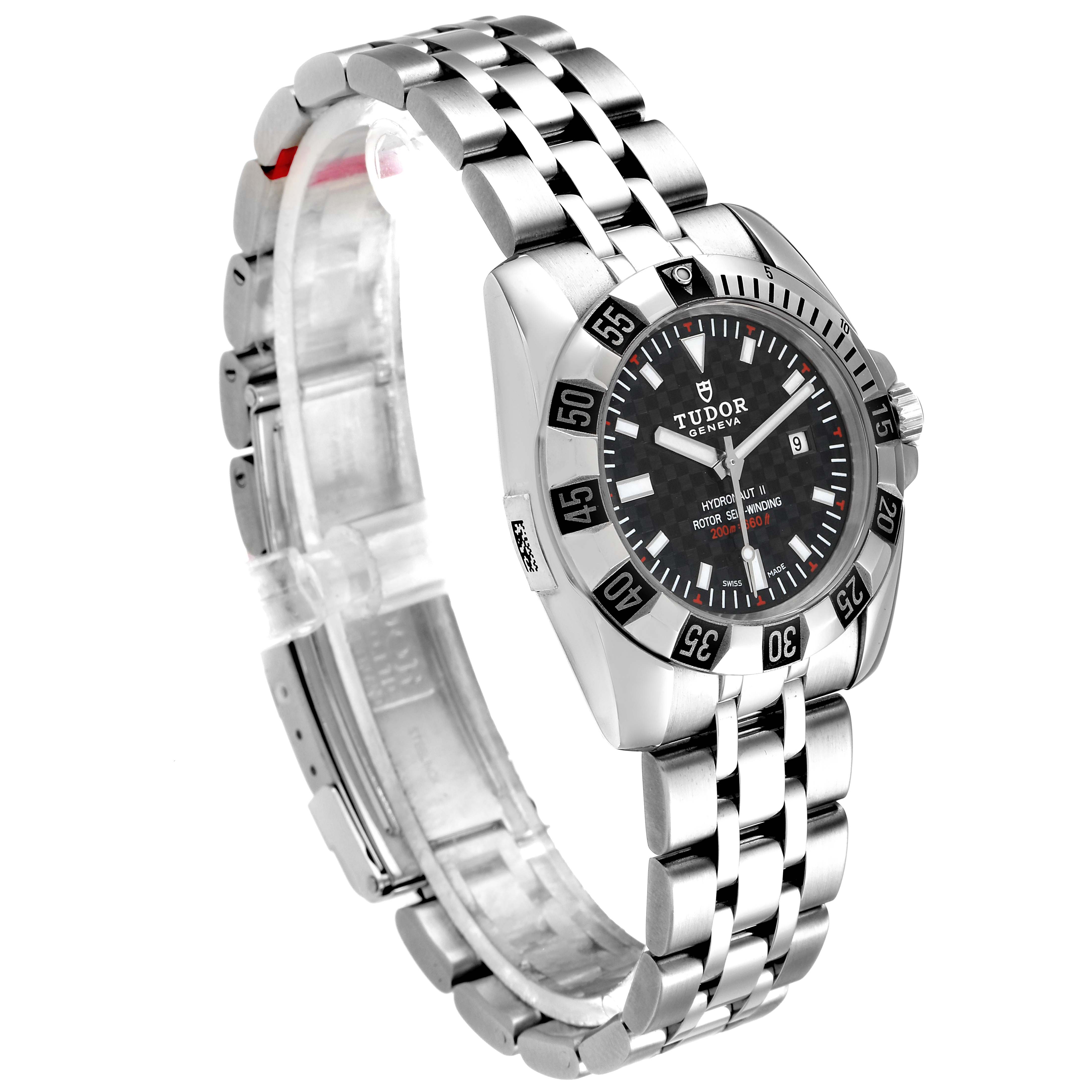 The Tudor Hydronaut 24030 Women's Stainless Steel Black Dial 24030 Women's Stainless Steel Black Dial watch is shown at a three-quarter angle, displaying the dial, bezel, bracelet, and part of the clasp.