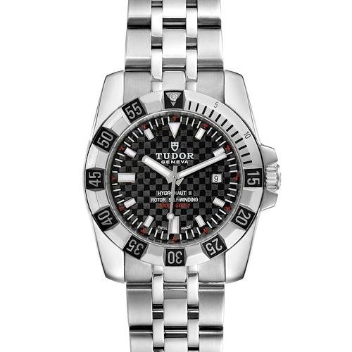The image shows a front view of the Tudor Hydronaut 24030 Women's Stainless Steel Black Dial 24030 Women's Stainless Steel Black Dial watch, highlighting the dial, bezel, crown, and metal bracelet.