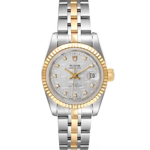 The image shows a front view of the Tudor Princess 92413 Women's Steel and Gold (two tone) Silver Dial 92413 Women's Steel and Gold (two tone) Silver Dial model watch, featuring a gold and silver bracelet, date display, and fluted bezel.