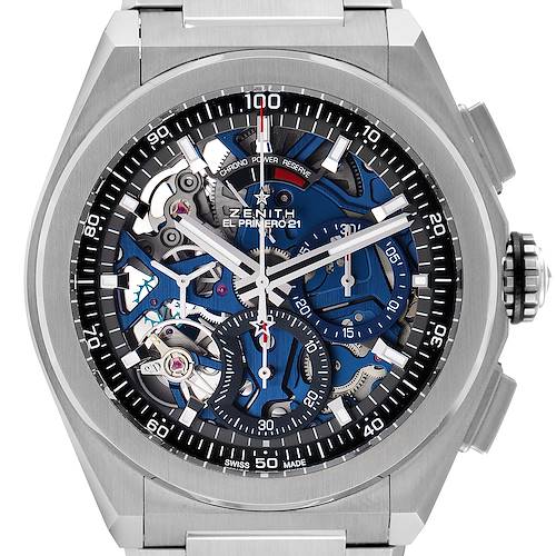 The Zenith Defy 95.9002.9004/78.M9000 Men's Titanium Grey Dial 95.9002.9004/78.M9000 Men's Titanium Grey Dial watch is shown from the front, displaying its intricate dial and mechanical parts.