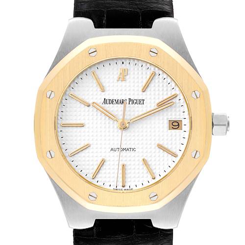 The image shows a front view of the Audemars Piguet Royal Oak 14800SA Men's Steel and Gold (two tone) White Dial 14800SA Men's Steel and Gold (two tone) White Dial watch, highlighting its octagonal bezel, dial, and leather strap.