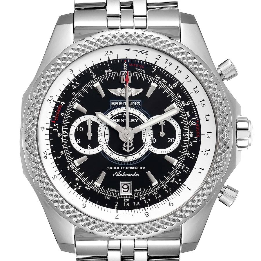 The Breitling Bentley A26364 Men's Stainless Steel Black Dial A26364 Men's Stainless Steel Black Dial watch is shown from a front angle, highlighting its dial, bezel, subdials, and stainless steel bracelet.