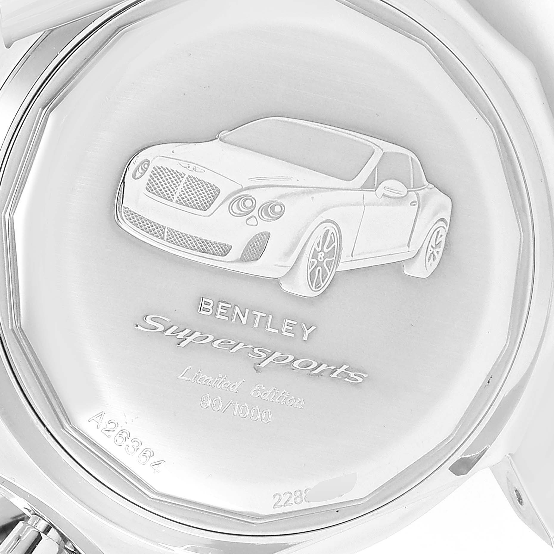 This image shows the back case of a Bentley model watch by Breitling, featuring an engraved Bentley car design.