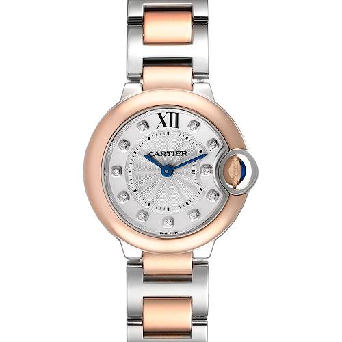 This image shows a top view of the Cartier Ballon Bleu W3BB0005 Women's Steel and Gold (two tone) Silver Dial W3BB0005 Women's Steel and Gold (two tone) Silver Dial watch, including its face, bezels, and part of the bracelet.