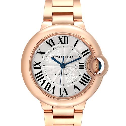 The image shows a close-up, frontal view of the Cartier Ballon Bleu WGBB0042 Women's Rose Gold Silver Dial WGBB0042 Women's Rose Gold Silver Dial watch, highlighting the dial, crown, and part of the bracelet.