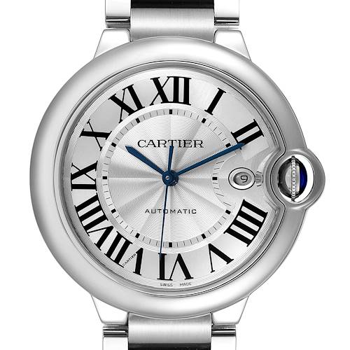 The image shows a close-up of the face of a Cartier Ballon Bleu W69012Z4 Men's Stainless Steel Silver Dial W69012Z4 Men's Stainless Steel Silver Dial watch, featuring its Roman numeral dial and blue hands.