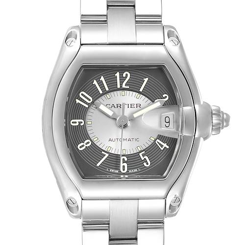 The image shows a front view of the Cartier Roadster W62041V3 Men's Stainless Steel Black Dial W62041V3 Men's Stainless Steel Black Dial watch, highlighting the face, case, and part of the bracelet.