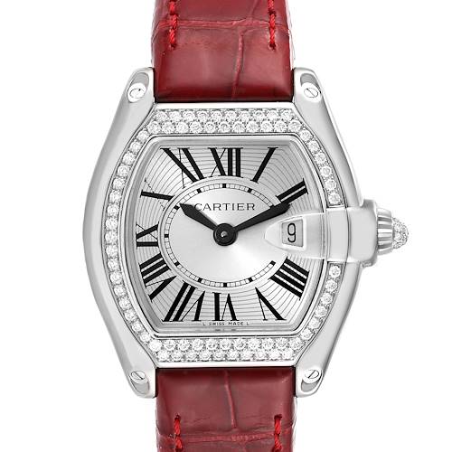 This image shows a front view of the Cartier Roadster WE500260 Women's White Gold Silver Dial WE500260 Women's White Gold Silver Dial watch, highlighting its dial, bezel, and red leather strap.
