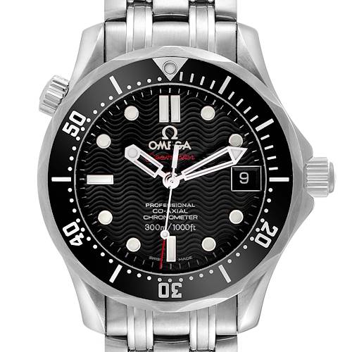 The Omega Seamaster 212.30.36.20.01.001 Men's Stainless Steel Black Dial 212.30.36.20.01.001 Men's Stainless Steel Black Dial watch is shown from a front angle, highlighting its dial, bezel, and bracelet.