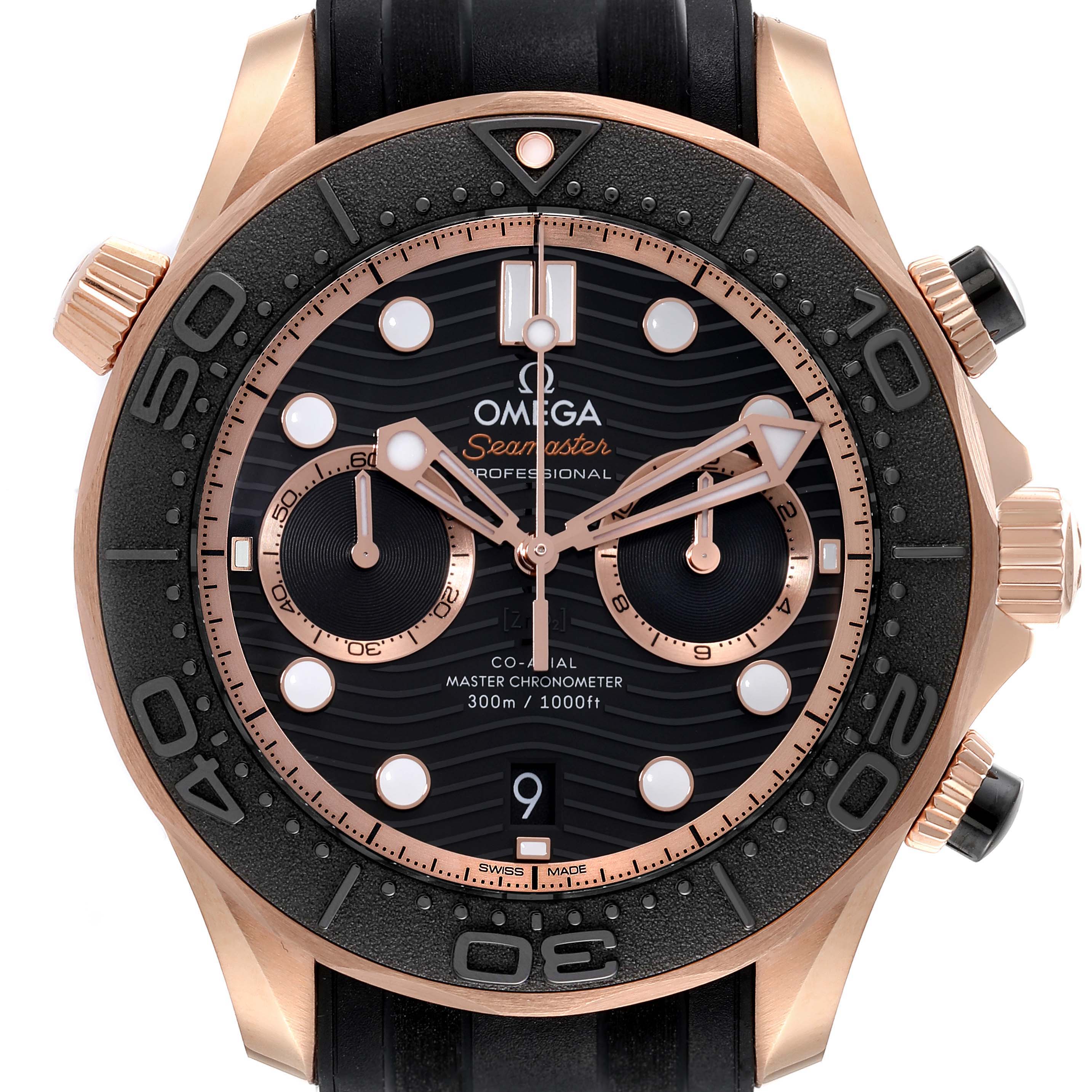 The image shows a front view of the Omega Seamaster 210.62.44.51.01.003 Men's Rose Gold Black Dial 210.62.44.51.01.003 Men's Rose Gold Black Dial watch, highlighting its dial, bezel, and crown.